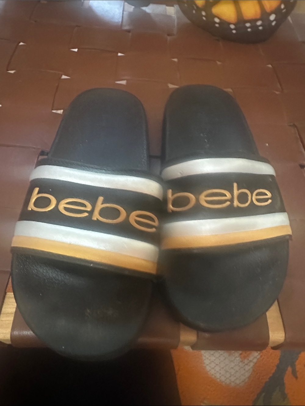 bebe Black Slides with White & Gold Stripe Logo